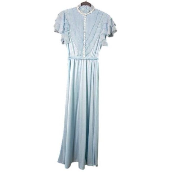Vintage Prairie Cottagecore 70s Small Flutter Sleeve Pleated Powder Blue Maxi Dr - Picture 1 of 7